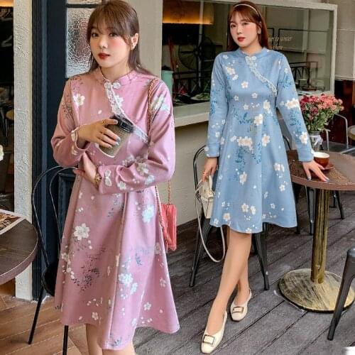Womens Spring Round Neck Retro Print Button Dress Plus Size Knee Length Casual Wear 100kg Can Wear