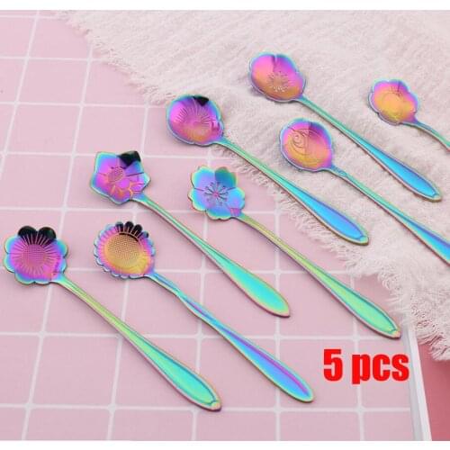 5pcs Iridescent gold-plated flower spoon, colored rose flower spoon, bright gold coffee spoon, stirring spoon kitchen tool