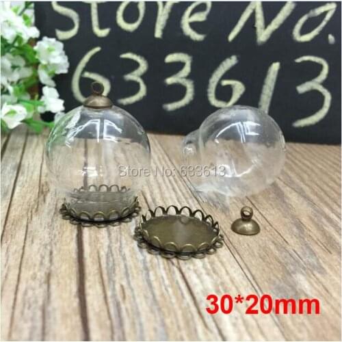 Free Ship! 50sets/lot 30mm (20mm opening) Glass globe & lace setting base & 8mm one cap set glass bottle vials pendant DIY