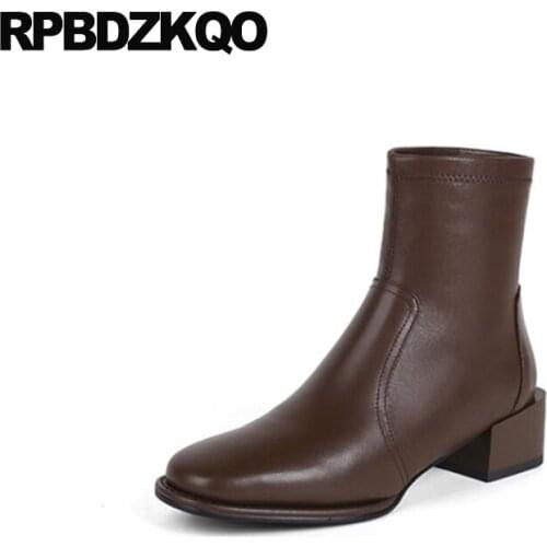 Girls Brown Block Custom Shoes Slip On Ladies Beige Winter Short Chunky Genuine Leather Stretch Women Ankle Boots Medium Heel