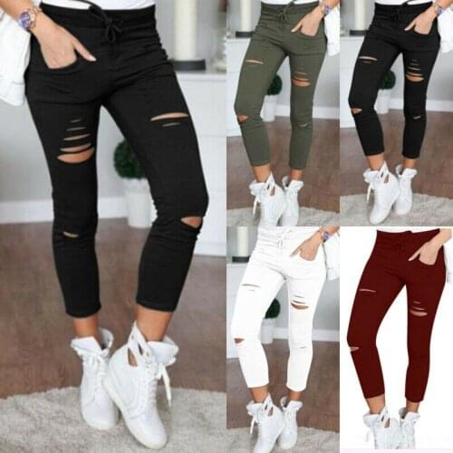 New Women Skinny Ripped Knee Hole Bandage Jeans Solid Ciolor Fahsion Pants High Waist Stretch Slim Pencil Trouser