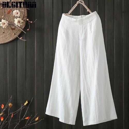 New 2020Wide Leg Pants Women Vintage Spring Summer Elastic Waist Loose Cotton Linen Trousers Pants Solid Work Pants PT362