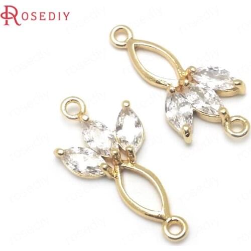 C492)6 pieces 21x10mm 24K Gold Color Brass and Zircon 2 Holes Drop Connect Charms Pendants High Quality Diy Jewelry Accessories