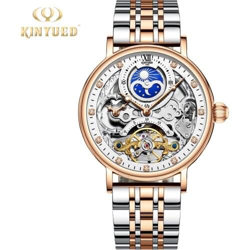 KINYUED Tourbillon Watches Mechanical Automatic Watch Men Sports Clock Self Winding Wristwatch Steel Business Moon Reloj Hombre