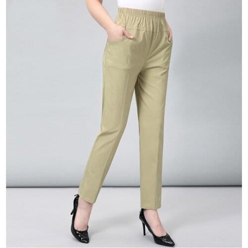 Middle Aged And Old Women Spring White Pants Thin Elastic Waist Straight Pants Mother Ankle-Length Trousers Plus Size 5XL W2235