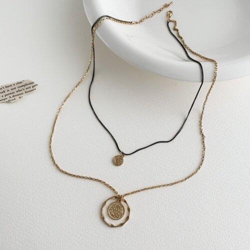 TIMEONLY Statement Double Layered Coin Portrait Pendant Necklaces Black Color Necklaces Small Hollow Chain Jewellery Simple