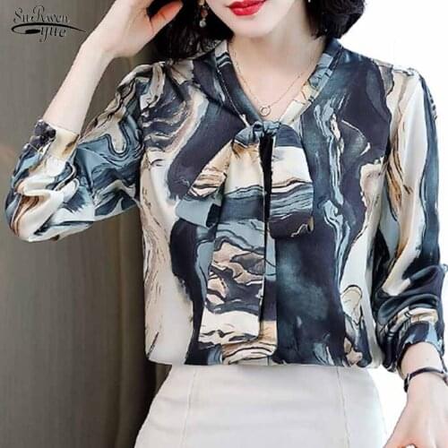 Elegant Long Sleeve Silk Shirt Ladies Plus Size Bow Tie Pullover Vintage Blouse Women 2021 Early Autumn Print Loose Tops 12055