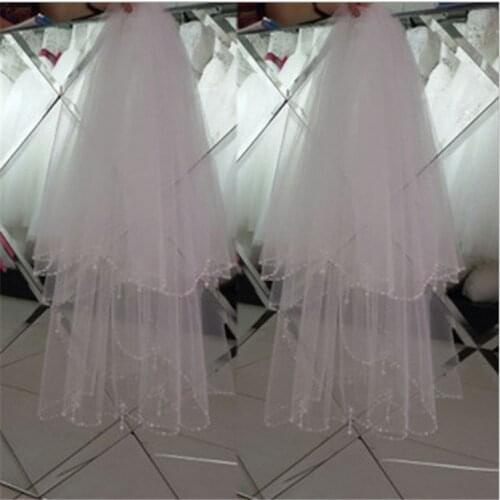 Mingli Tengda Bride Veil Beaded Edge Hair Comb Short Headwear Wedding Accessories Shoulder Length Bridal Veil Two Layers Velo