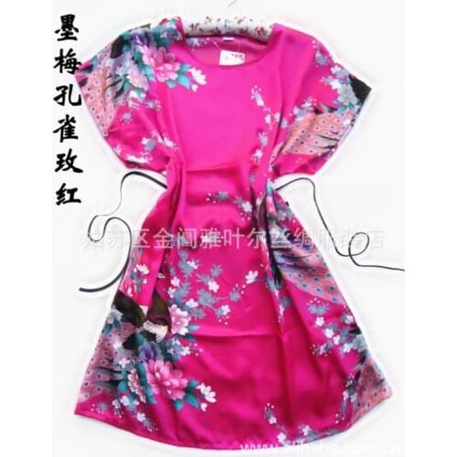 Hot Sale Fashion hot pink Peacock Chinese Womens Silk Rayon Robe Bath Gown pajamas One Size Flower Free Shipping