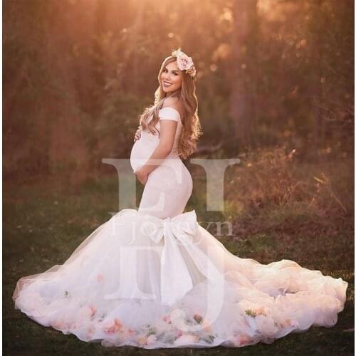 Haute Couture Maternity Gown for Photoshoot Off Shoulder Mermaid Pregnant Bridal Dress with Bow and Applique New Wedding Gowns