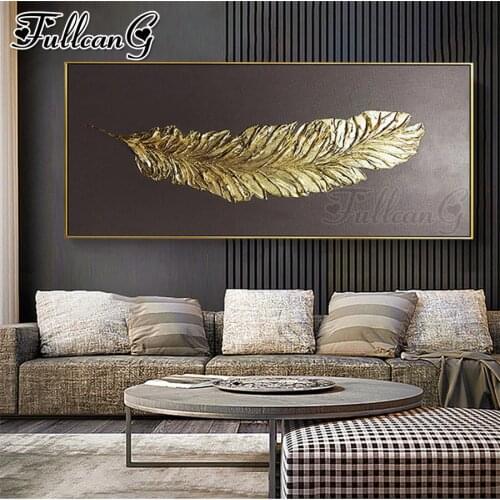 FULLCANG 5d diy full square/round drill large abstract golden feather diamond painting mosaic embroidery rhinestone decor FC1868