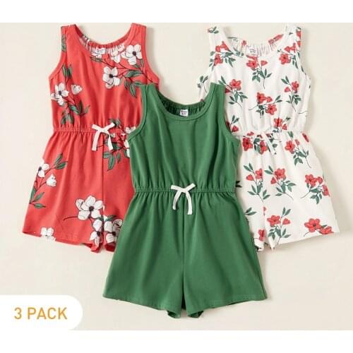 PatPat New Summer 3-piece Kids Girl Floral Allover Solid Strappy Jumpsuits for 4-9Y Girl Sleeveless Cotton Panst