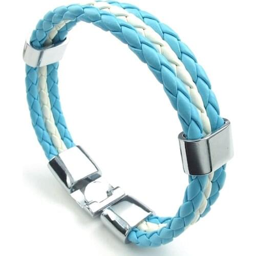 Blue Leather Bracelet White Flag of Argentina Alloy Bracelet Braided Bracelet length 21.5 cm, with a Velvet Pouch