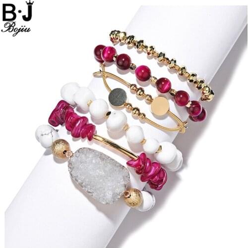 Multi Layer Natural Stone Charm Bracelets Set For Women 2020 Quartz Druzy Crystal Beads Bracelet Lady Open Cuff Bangles BCSET310
