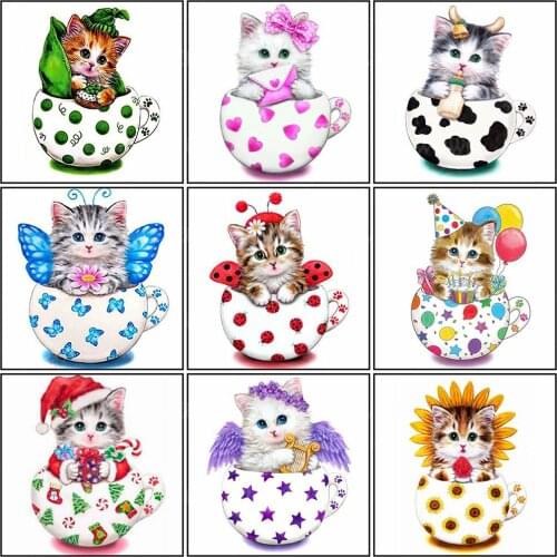 Cup Kitten Diamond Art Kits for Adults Cute Animals Full Square Round Mosaic Rhinestones Different Types Handicraft Accessories