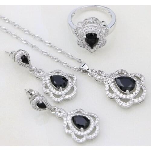 Bridal Jewelry Sets Black Cubic Zirconia Silver 925 Earring Pendant Necklace Ring Set For Women Wedding Accessories
