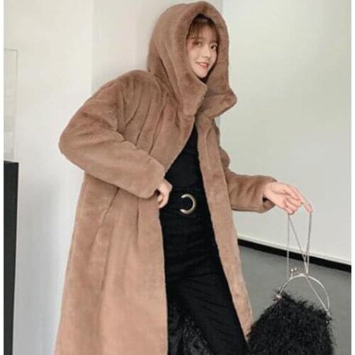 2021 New Winter Coat Faux Rabbit Hair Fur Coat Korean Hooded Imitation Mink Hair Long Jacket Loose Thick Warm Faux Fur Jacket