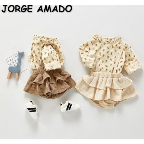 2021 New Spring Teenager Girls 2-pcs Sets Floral Shirts + Sling Solid Color Bodysuit Children Jumpsuit Clothes E01
