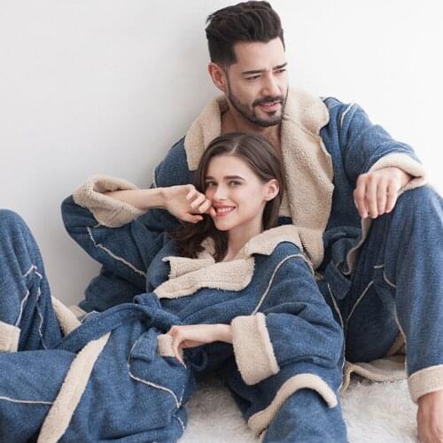 Winter New Coral Fleece Couples Home Dressing Gown Suit Bathrobe Pajamas Set Thicken Warm Soft Flannel Large Size SleepWear+pant