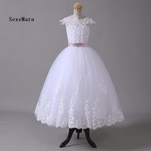 New White Flower Girl Dresses For Weddings Ball Gown with Cap Sleeves Lace Bow Girls Clothes Kids First Communion Dresses