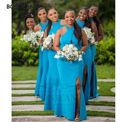 Blue Criss Cross Mermaid Bridesmaid Dresses 2021 Slit Elastic Satin Black Girls Bridesmaid Dress Wedding Party Dress