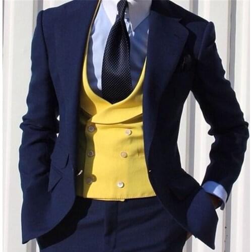 Slim fit Navy Men Suits for Wedding 3 piece Groom Tuxedos Notched Lapel Gentleman Set Jacket Yellow Vest with Pants Man Fashion