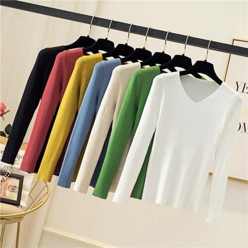 New Women Sweaters Autumn and Winter V Neck Solid Color Computer Knitted Lady Sweaters Fashion Slim Fit Casual Female Sweater