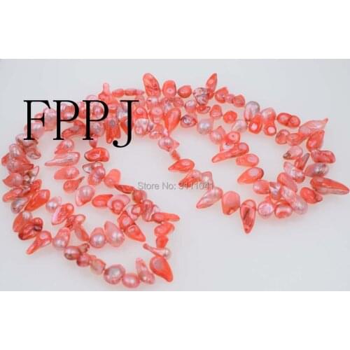 Freshwater pearl baroque pink red unique 12-28mm necklace 50inch wholesale beads FPPJ