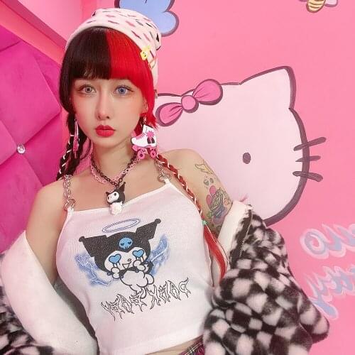 Y2K Gothic Demon Print White Camis Punk Sexy Metal Chain Patchwork Camisole Harajuku Streetwear Backless Cropped Tops