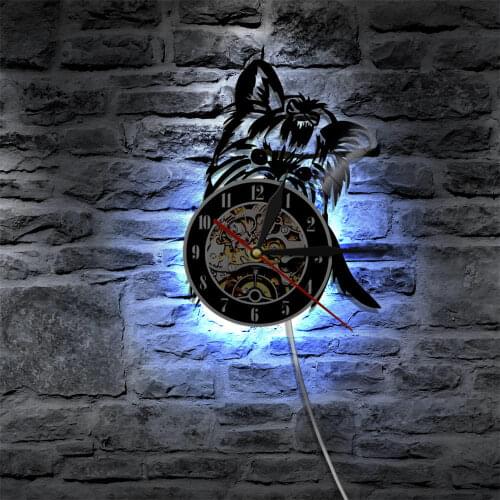 Yorkie Portrait Artist Dog Wall Clock Pet Shop Wall Art Vinyl Record Clock with LED Night Light Yorkshire Terrier Dog Breed Gift
