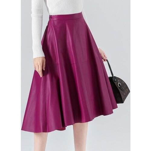 Women Genuine Leather Over Knee High Waist Purple Skirt Female Fashion Long Pleated Jupe Mujer Irregular Big Hem Flared Saias