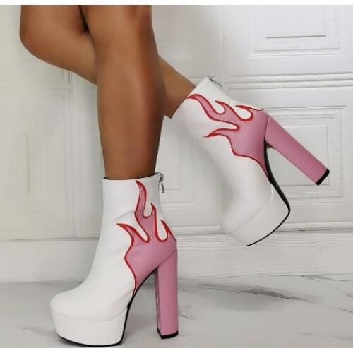 Woman Platform Chunky Heel Ankle Boots Fashion Mixed Color Sexy Flame Fire Lady Short Boots Popular Female Booties White Pink