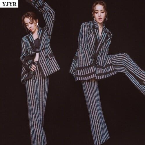 Brand Designer 2019 Women Shining Bling Hot Drilling Diamonds Pants Set Luxury Blazer Jacket + Wide Leg Pant 2 Pieces Set Y245