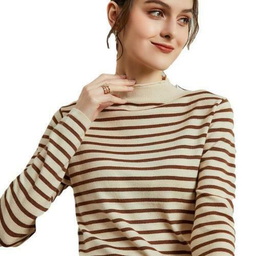 Women Wool Blend Warm Striped Sweater Pullover Mock Neck Long Sleeve Slim Tops D