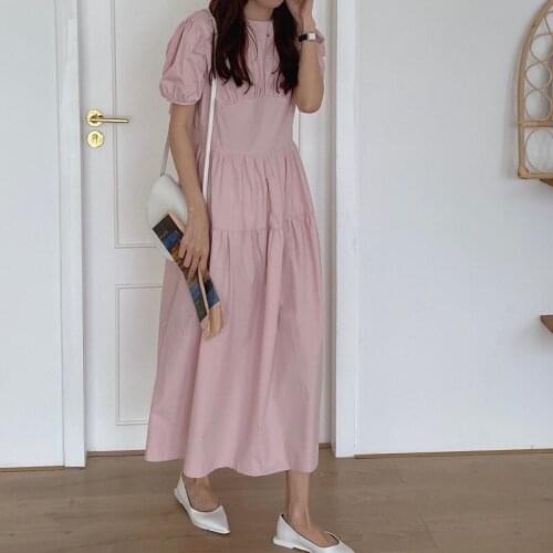 Pink Elegant Summer Dress Women Loose Vintage Office Lady Party Dress Oversized Long Midi Dress French Simple Cotton Pleated