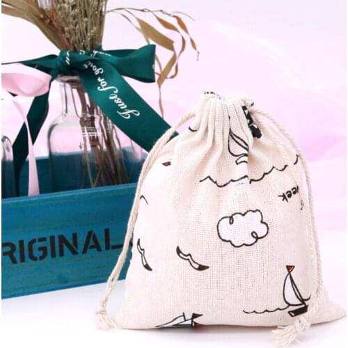 14*16cm 5 pcs Sailboat Cotton Line Drawstring Pouches Candy Favor Holder Jewelry packaging Party Gifts Fresh Christmas Gift Bag