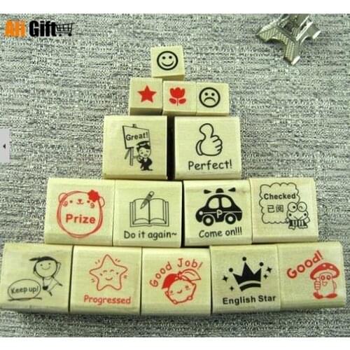 New Arrival 2021 15 Pcs/Lot Wood English Stamp Cartoon For Kindergarten Nurse School Teacher Reviews Teacher Stamp For Parents