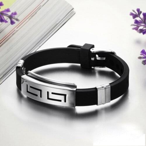 2020 Hot Sale Mens Black Punk Rubber Stainless Steel Wristband Clasp Cuff Bangle Bracelet pulseira de aco com borracha