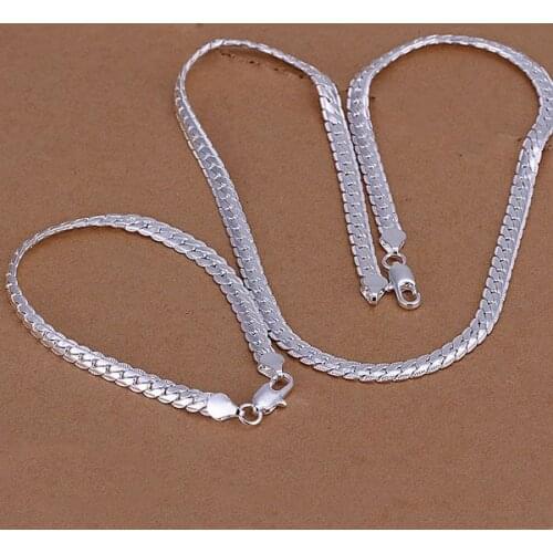 925 Sterling Silver Jewelry Set 5MM Flat Chain Bracelets Christmas Gifts