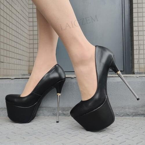 BERZIMER Women Platform Heels Pumps Genuine Leather Metal Thin High Heels Party Sandals Pole Dance Shoes Woman Big Size 39 40 43