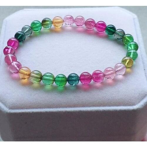 7.3mm Genuine Natural Colorful Tourmaline Quartz Bracelet Rainbow Color Clear Beads Women Men Fashion Best AAAAA