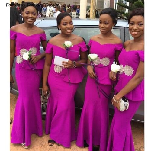 Fuchsia Mermaid Off Shoulder Bridesmaid Dresses Appliques Ruffles 2021 Long Elegant Dress Wedding Party Maid Of Honor