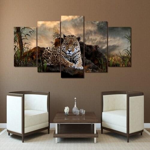 Home Decor Modern HD Printed Paintings Framework 5 Panel Animal Leopards Modular Posters Tableau Wall Art Pictures Canvas