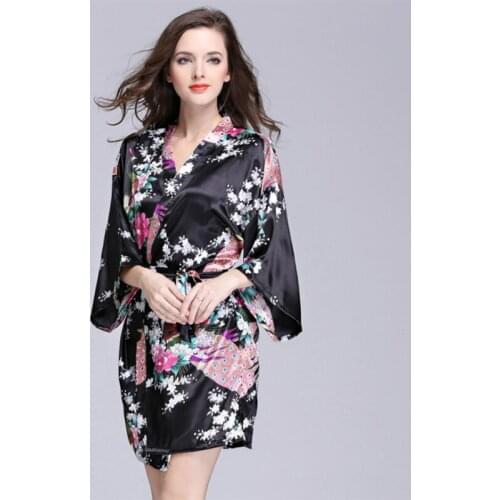 2016 Summer Silk Kimono Robes Bathrobe Women Satin Robe Longue Femme Print Peacock Sleepwear Sexy Night Grow Plus BIg Size iT343