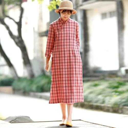 Johnature 2021 Autumn Fashion Stand Plaid Pockets Plate Buckle Cheongsam Dress New Cotton Linen Long Sleeve Women Retro Dresses