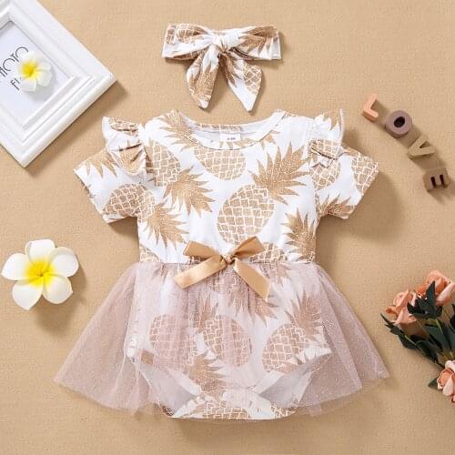 2Pcs Baby Romper Summer Suit Pineapple Print Summer Princess Clothes Short Sleeves Jumpsuit Skirt with Hairband 0-12 Months