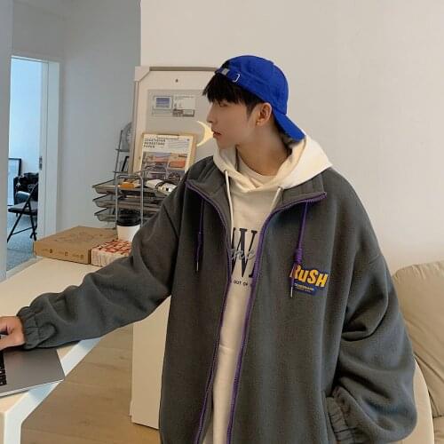 INXYZ 2021 Autumn Men New Lamb Wool Coat Letter Printing Korean Casual Style Jacket Unisex Solid Color Plus Size Warm Coat Top