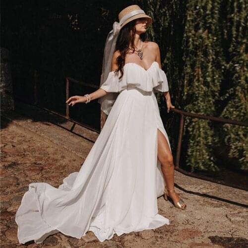 Summer Boho Chiffon Slit Wedding Dress 2021 Sexy Sweetheart Sweep Train Off the Shoulder Backless Bridal Gowns