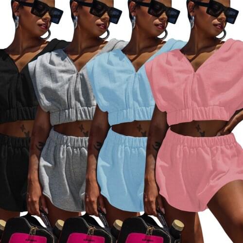 Summer Casual Sport Clothing Sets For Women Zipper Sleeveless Crop Tops and Elastic Waist Shorts Ladies Matching Shorts Sets
