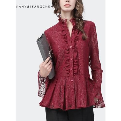 Fashion Women Lace Shirts 2021 Spring New See Through Mesh Ruffles Long Sleeve High Waist Slim Tops Elegant Female Tuxedo Shirt